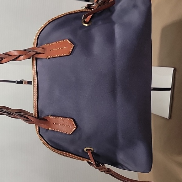 Dooney & Bourke Navy Blue Nylon Domed Satchel, Brown Leather Braided Handles - Picture 6 of 16